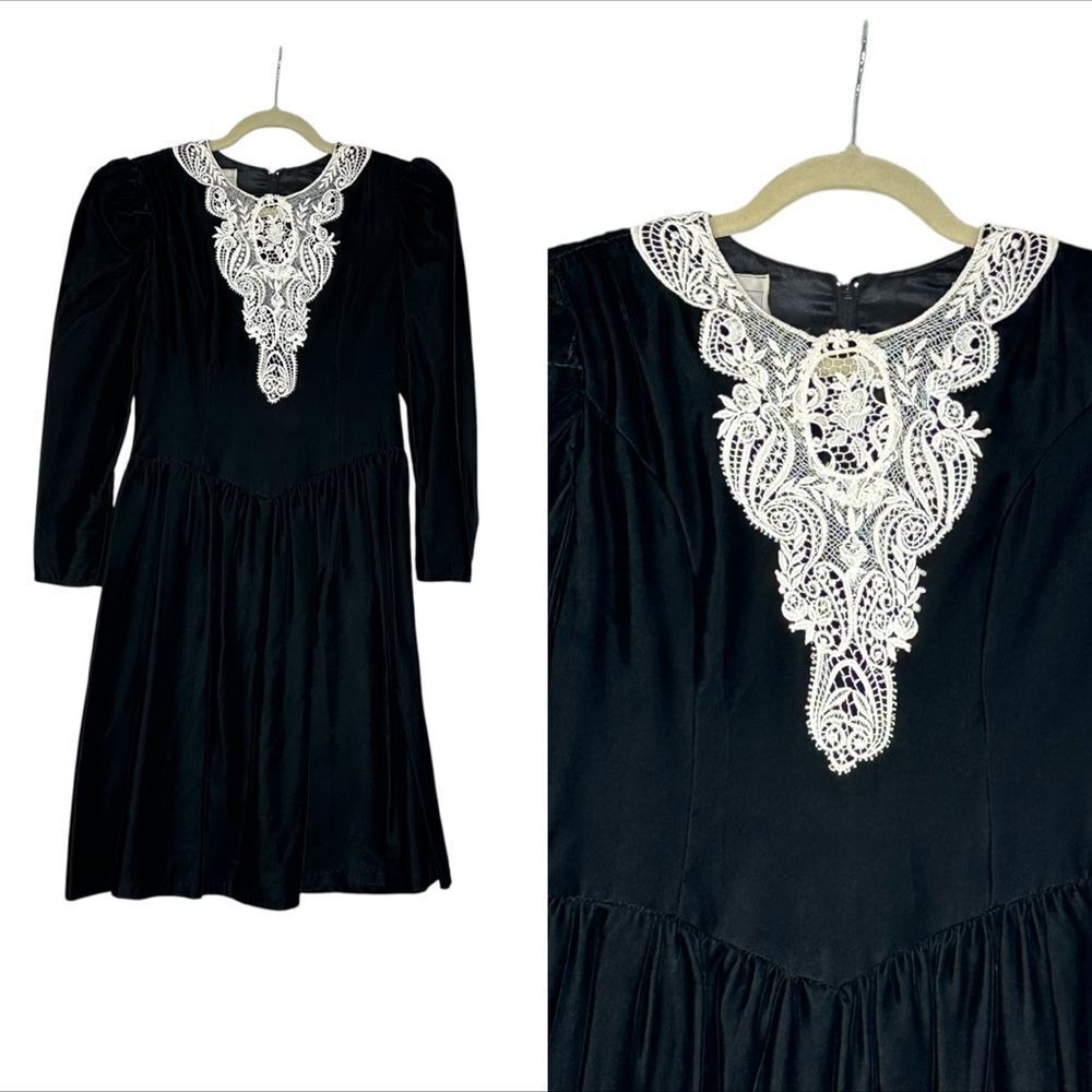 Gunne Sax Vintage 1980’s Black Velvet Victorian Style Midi Dress| 4